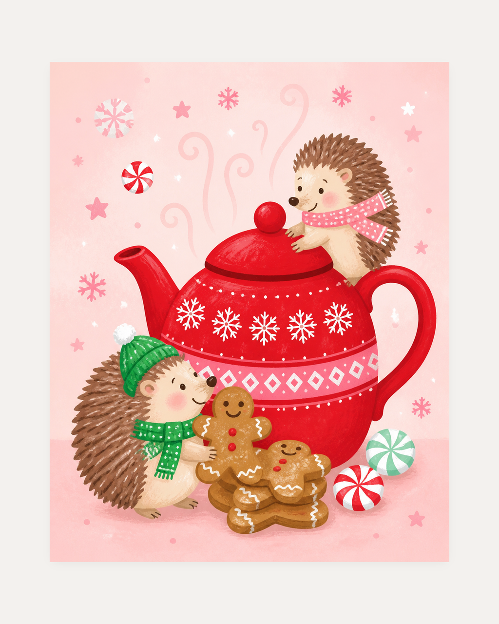 Teatime Hedgehogs unframed hedgehog teapot print showing hedgehogs beside a red teapot