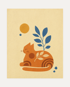 Ochre Sitting Cat unframed sitting cat art print showing orange sitting cat, yellow sun, and blue leaves on cream