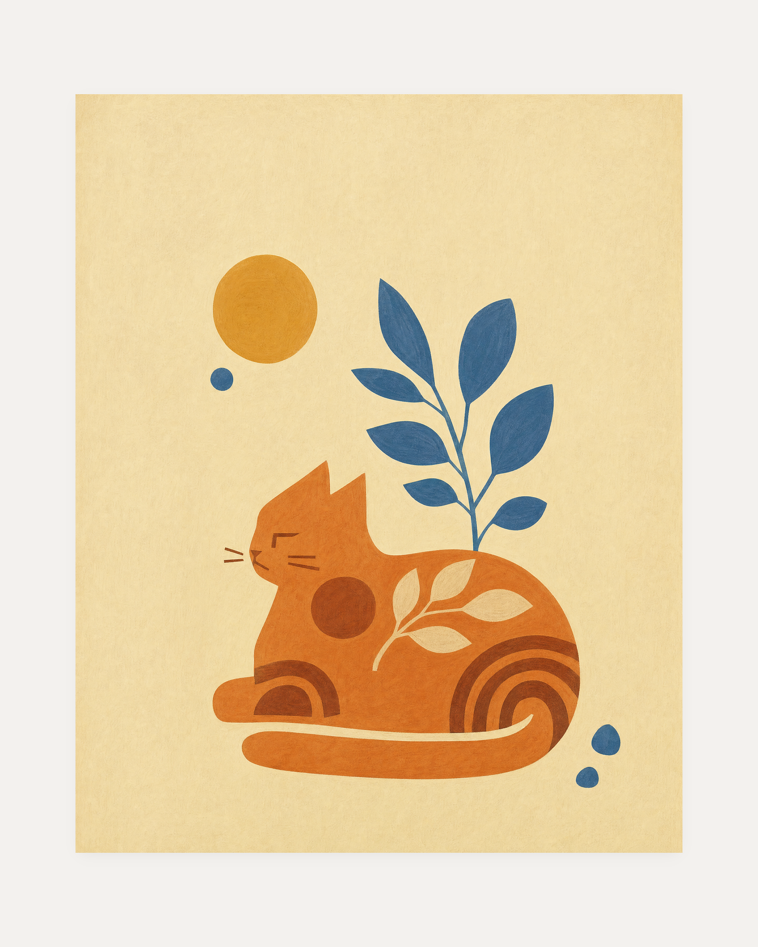 Ochre Sitting Cat unframed sitting cat art print showing orange sitting cat, yellow sun, and blue leaves on cream