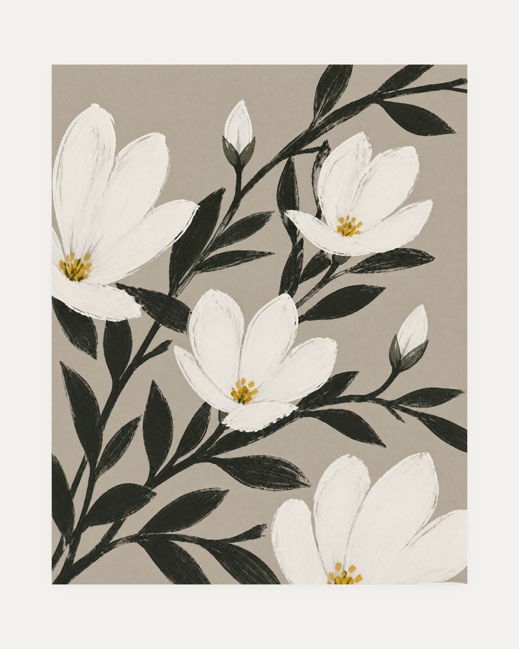 Uneven Magnolias white magnolia wall art, white blooms on diagonal black stems, beige ground, yellow centers.