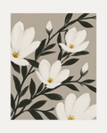 Uneven Magnolias white magnolia wall art, white blooms on diagonal black stems, beige ground, yellow centers.