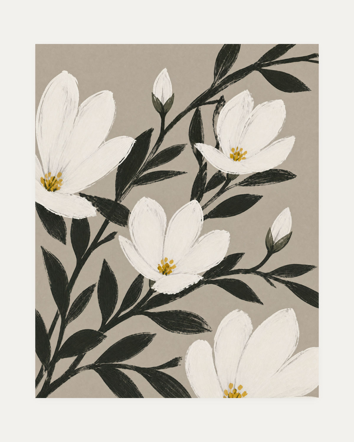 Uneven Magnolias white magnolia wall art, white blooms on diagonal black stems, beige ground, yellow centers.