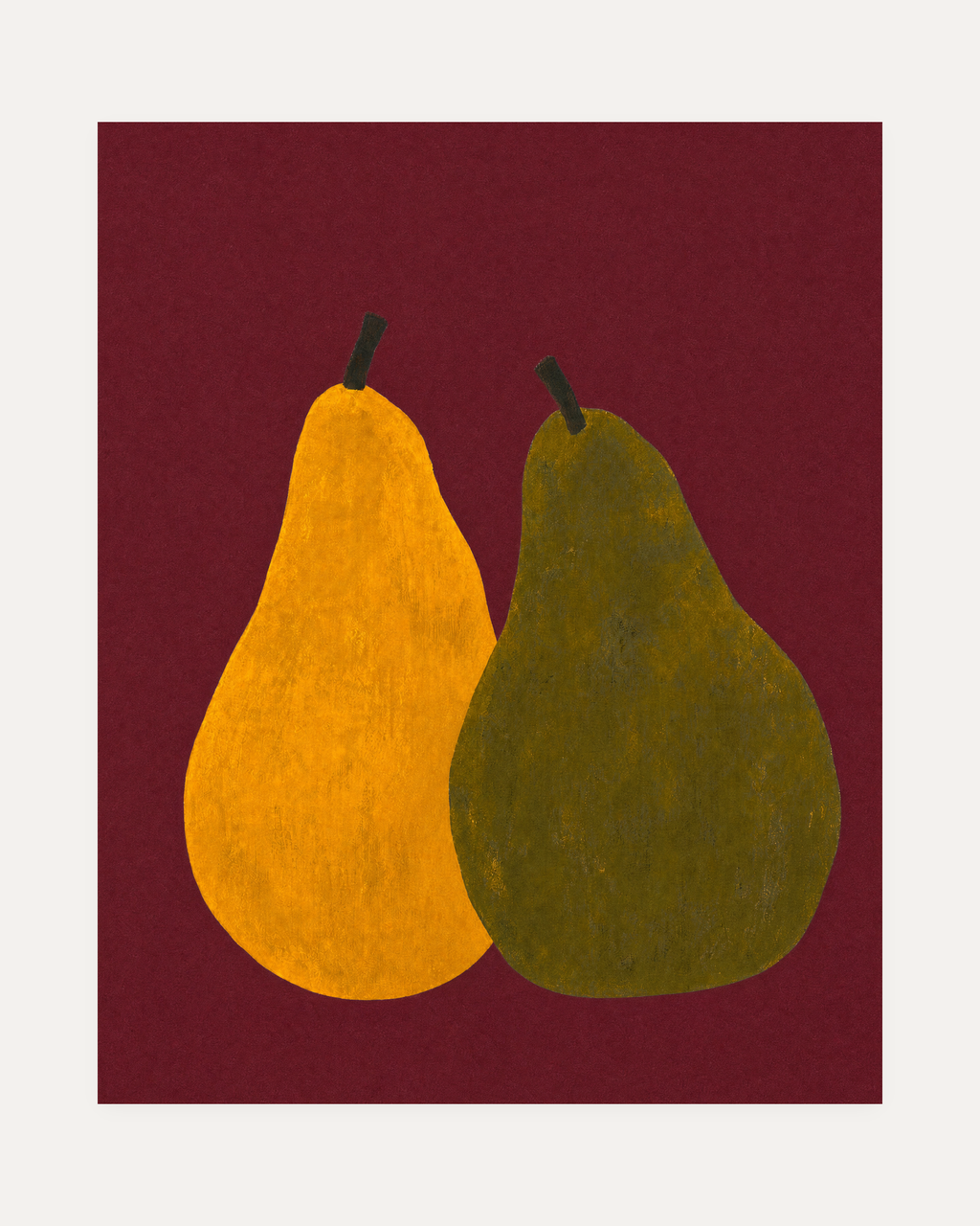 Wine Pears wine pear wall art, yellow and olive pears on a wine red ground in a vertical still life