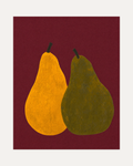 Wine Pears wine pear wall art, yellow and olive pears on a wine red ground in a vertical still life