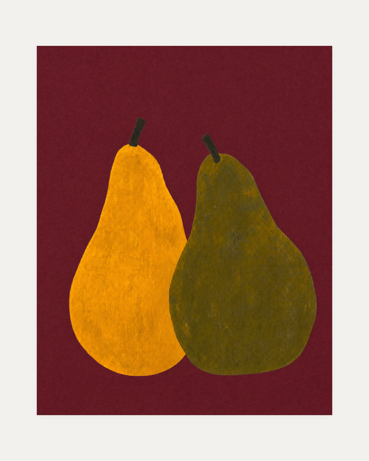 Wine Pears wine pear wall art, yellow and olive pears on a wine red ground in a vertical still life