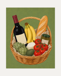 Market Basket unframed still life art prints print showing a basket of wine, bread, bananas, and tomatoes