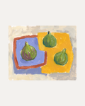 Three Figs unframed fig wall art print showing three green figs against warm yellow and periwinkle blue