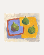 Three Figs unframed fig wall art print showing three green figs against warm yellow and periwinkle blue