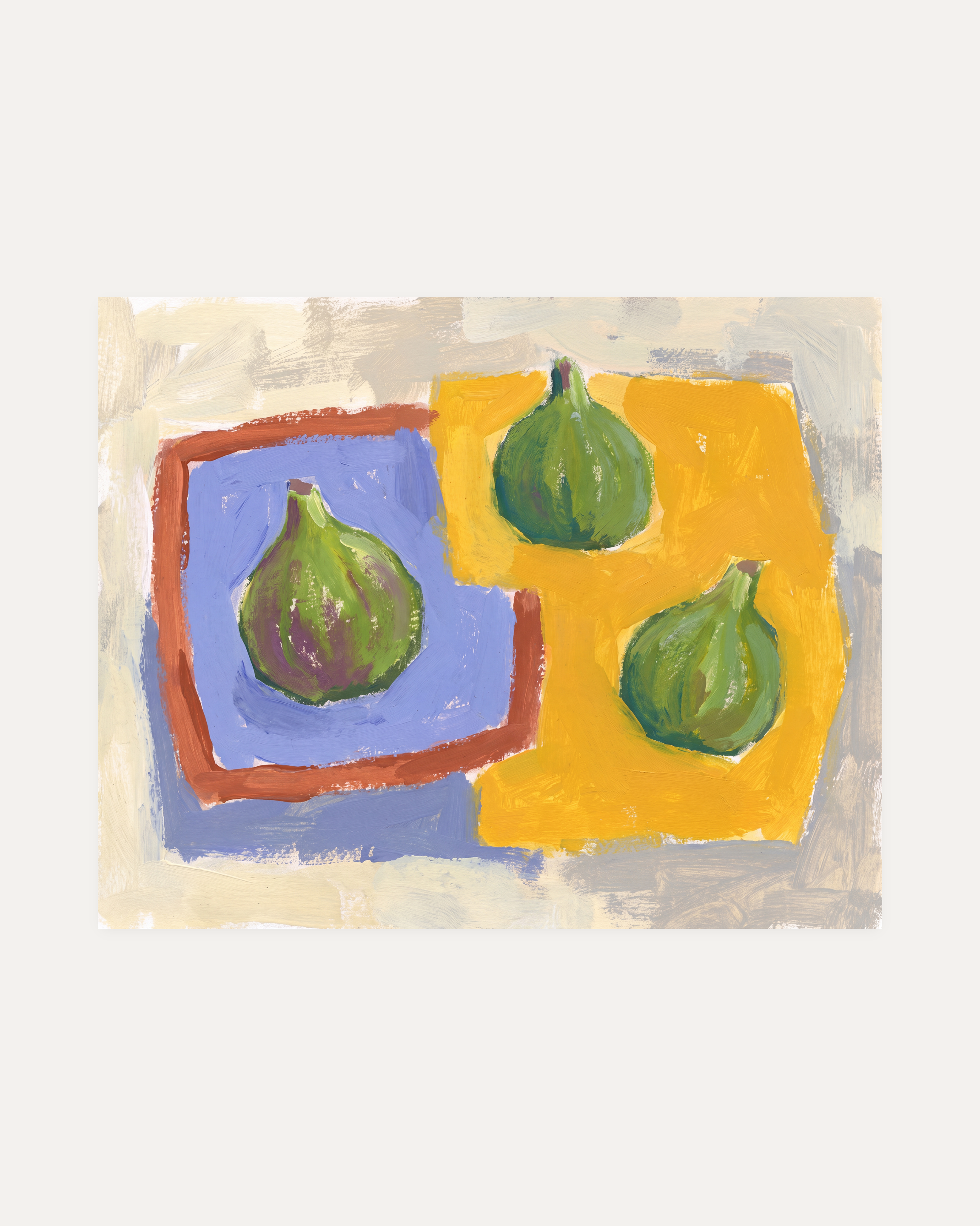 Three Figs unframed fig wall art print showing three green figs against warm yellow and periwinkle blue