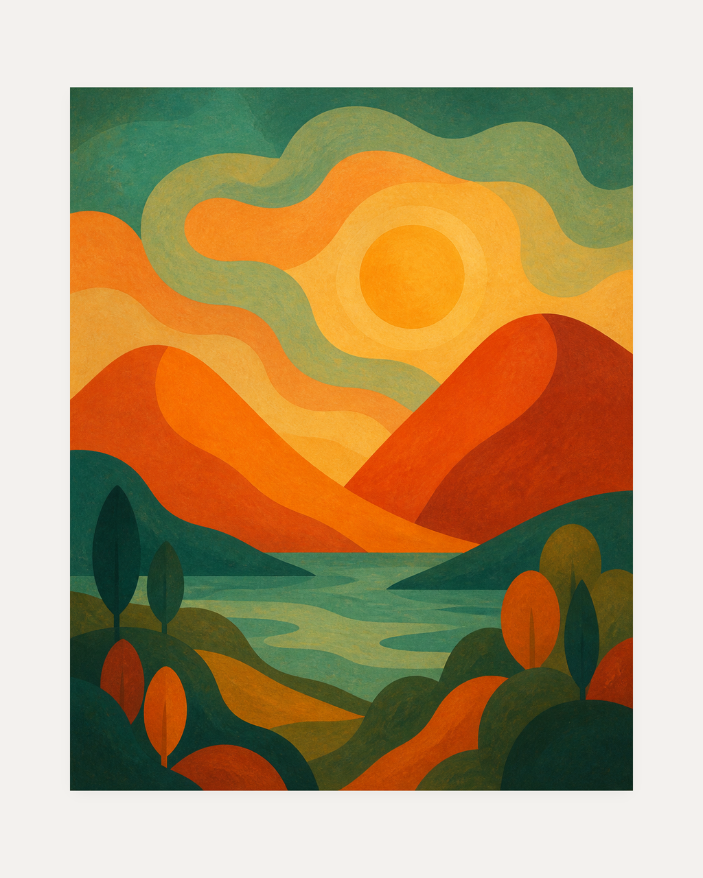 River Hour unframed vintage landscape wall art print showing an orange sun over red hills and a teal river