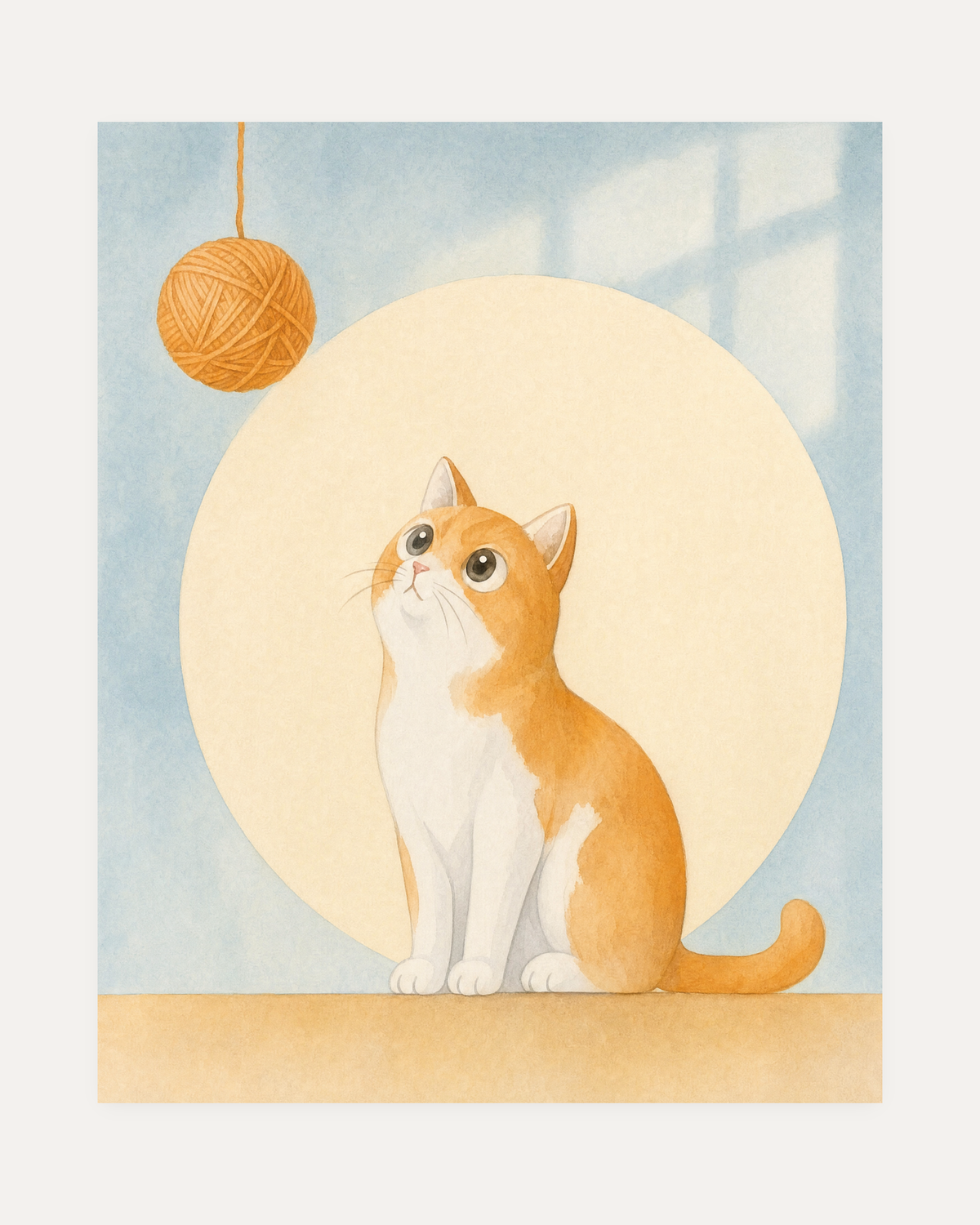 Orange Cat Yarn Drop unframed orange cat wall art print showing orange and white cat beneath a yarn ball and cream circle on blue