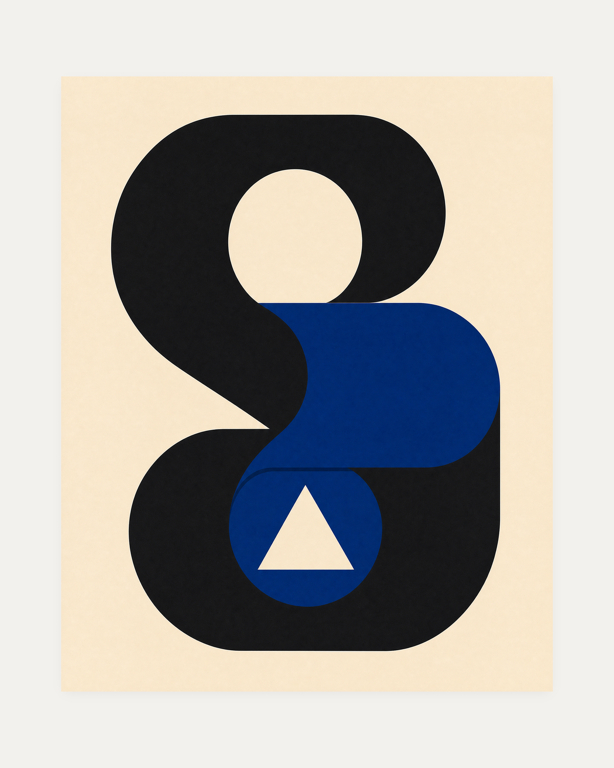 Window Loop, black loop blue window wall art, S-shaped black loop, blue window shape, beige triangle on cream.