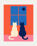 Night Cats moon cat art, cream and navy cats facing a blue four-pane window, small navy moon, coral wall, pink floor