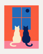 Night Cats moon cat art, cream and navy cats facing a blue four-pane window, small navy moon, coral wall, pink floor