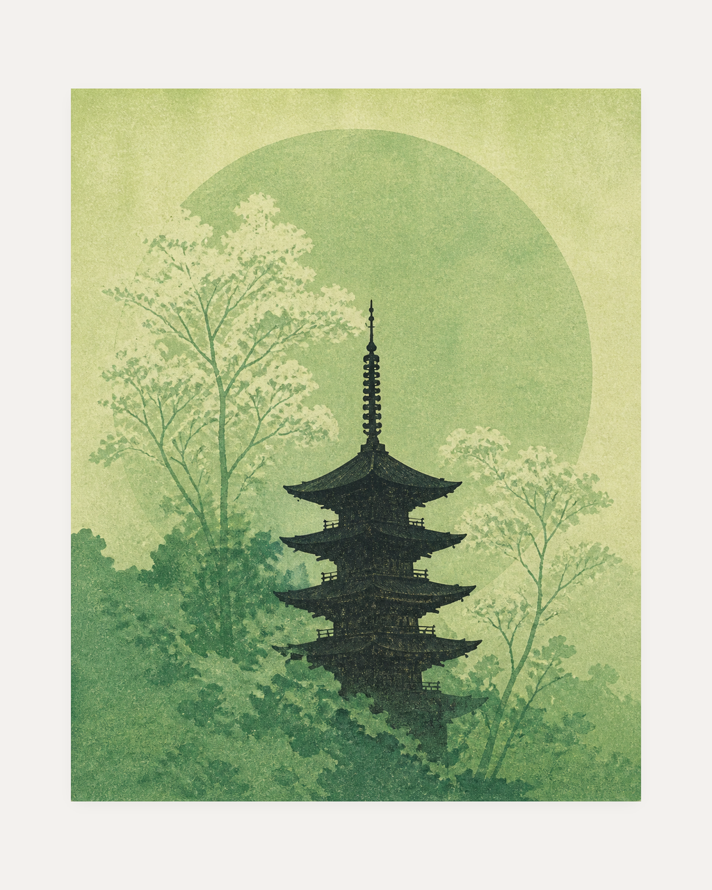 Moon Pagoda unframed japanese art prints print showing a dark pagoda among pale trees
