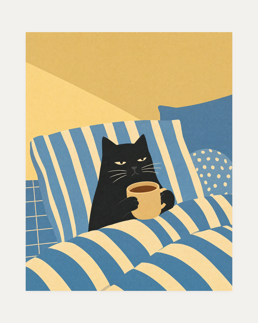 Black Cat Morning Mug unframed black cat print showing black cat, mug, and blue-white striped bedding