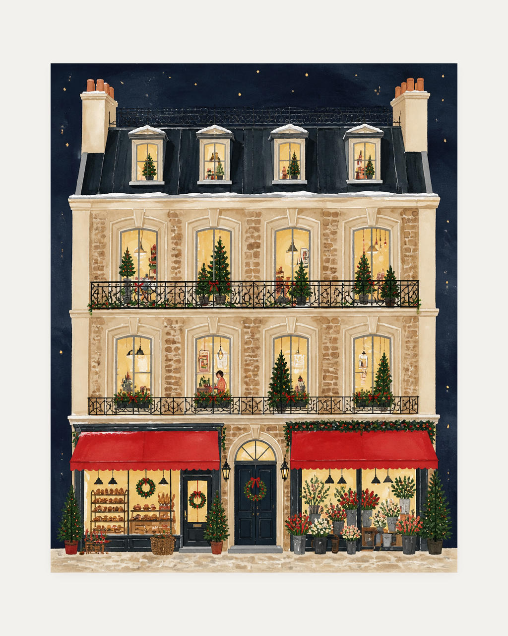 Christmas Bakery unframed bakery house print showing a townhouse with trees in the windows