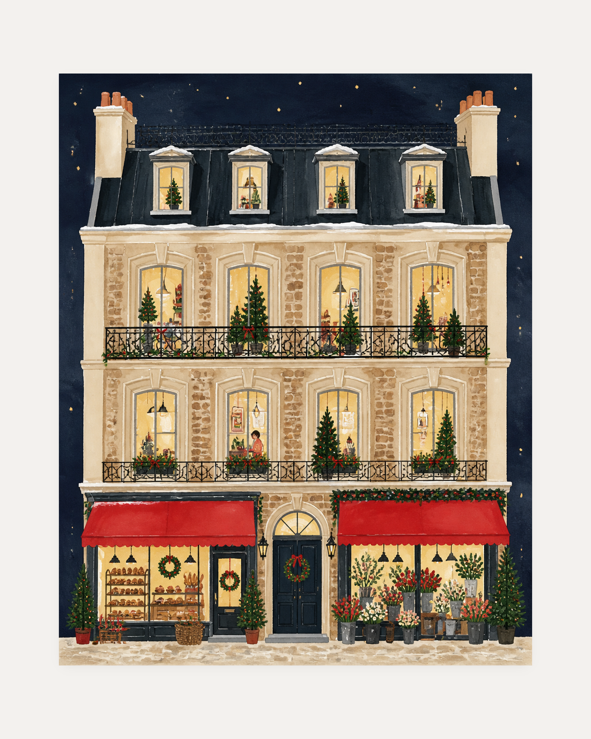 Christmas Bakery unframed bakery house print showing a townhouse with trees in the windows