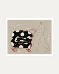 Carry Pattern unframed fashion illustration wall art print showing person, cart, and cushions in black, white, and beige