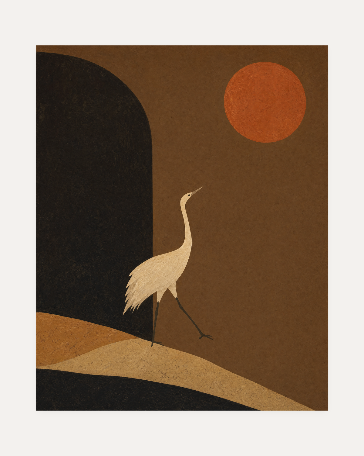 Crane Over Umber Arch unframed crane print showing cream crane, black arch, terracotta disc
