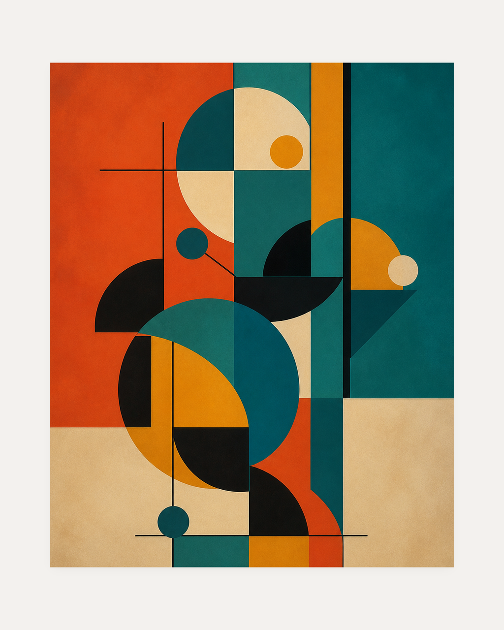 Circle Stack unframed geometric art prints print showing teal, orange, and black circles and bars