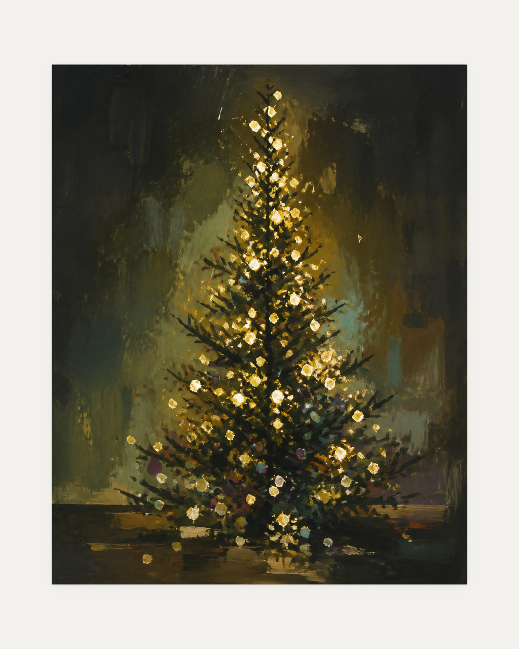 Night Fir unframed impasto tree print showing a dark fir covered in warm lights