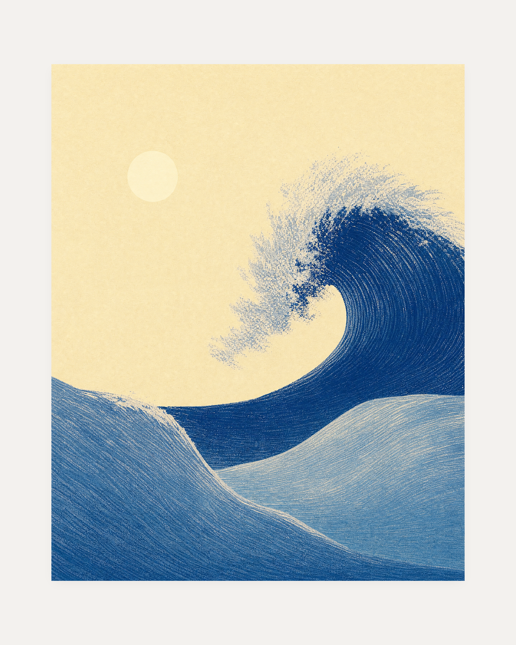 Indigo Wave Crest unframed abstract wave wall art print showing indigo hatched wave, pale blue bands, and cream disc
