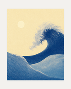Indigo Wave Crest unframed abstract wave wall art print showing indigo hatched wave, pale blue bands, and cream disc