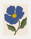 Blue Bloom unframed blue flower art prints print showing a blue flower with a yellow center