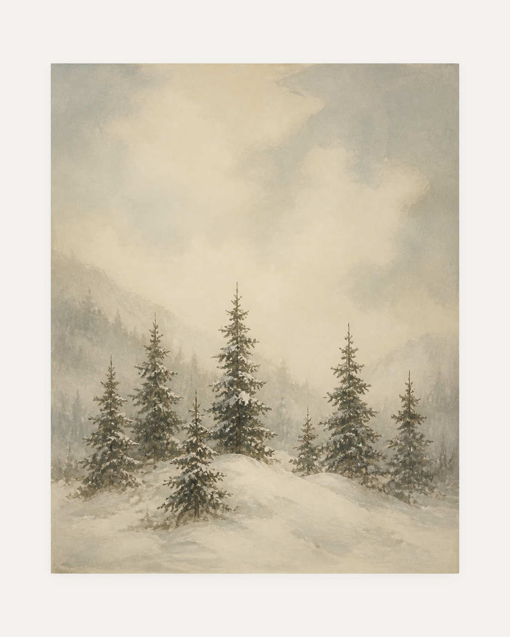 Snow Pines unframed misty pine print showing snowy pines in mist