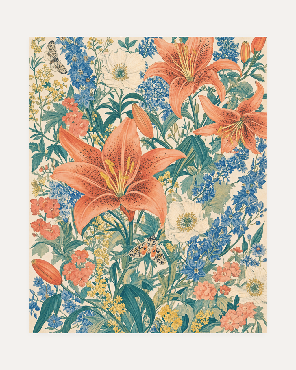 Wild Spray, coral lily meadow wall art, coral lilies, blue bloom spray, cream open field, portrait sheet