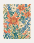 Wild Spray, coral lily meadow wall art, coral lilies, blue bloom spray, cream open field, portrait sheet