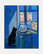 Patient Cat, black cat poster art, seated black cat by fishbowl, orange fish, blue window panes