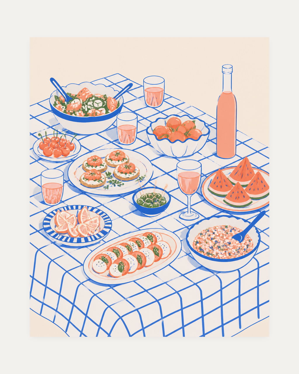 Picnic Hour unframed food art prints print showing watermelon, citrus, and tomatoes on a blue grid picnic cloth