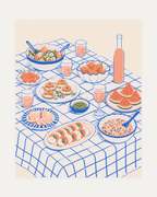 Picnic Hour unframed food art prints print showing watermelon, citrus, and tomatoes on a blue grid picnic cloth