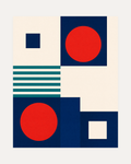 Signal Pair, red disc teal wall art, two red circles, dark navy blocks, slim teal ladder on open ground.