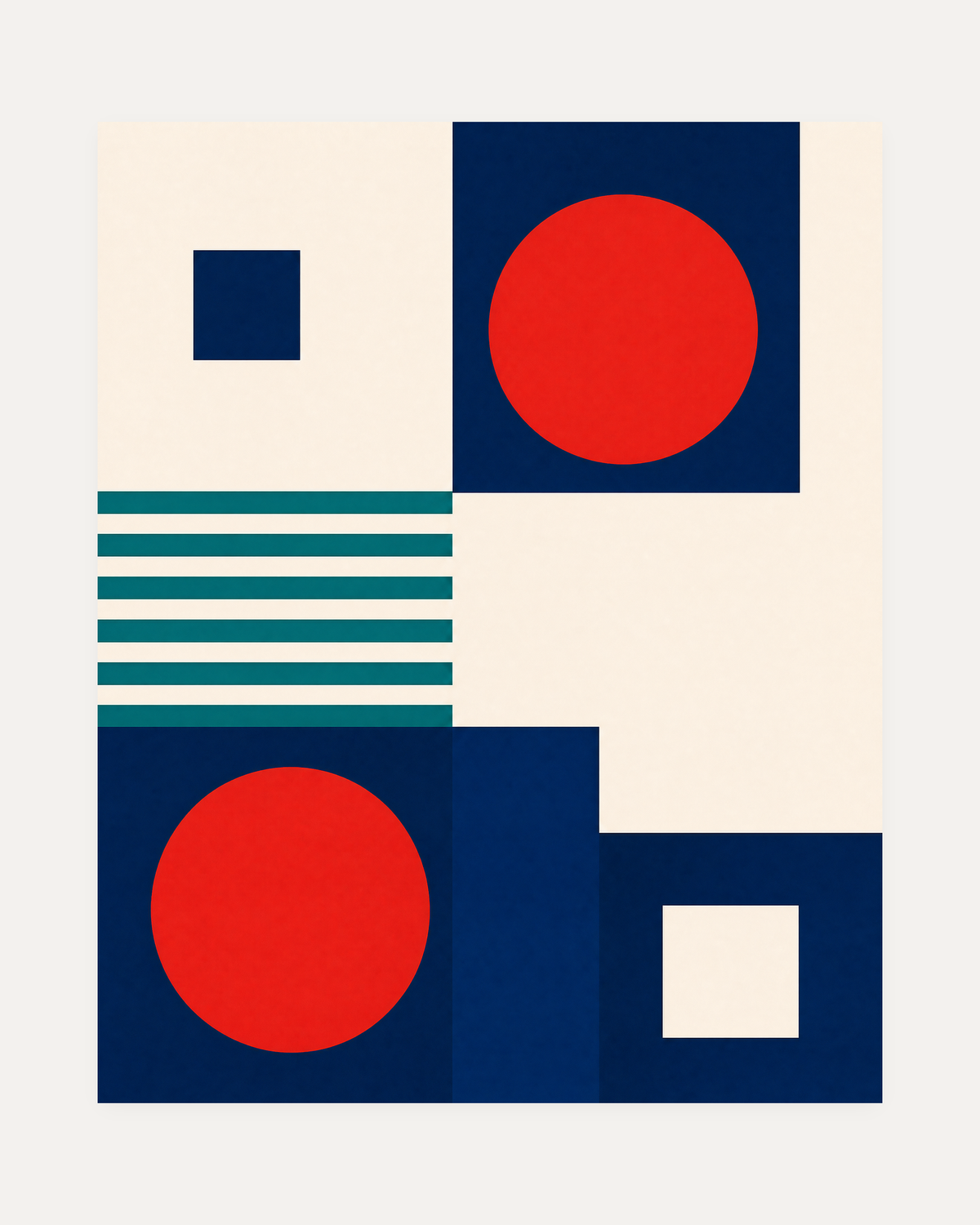 Signal Pair, red disc teal wall art, two red circles, dark navy blocks, slim teal ladder on open ground.