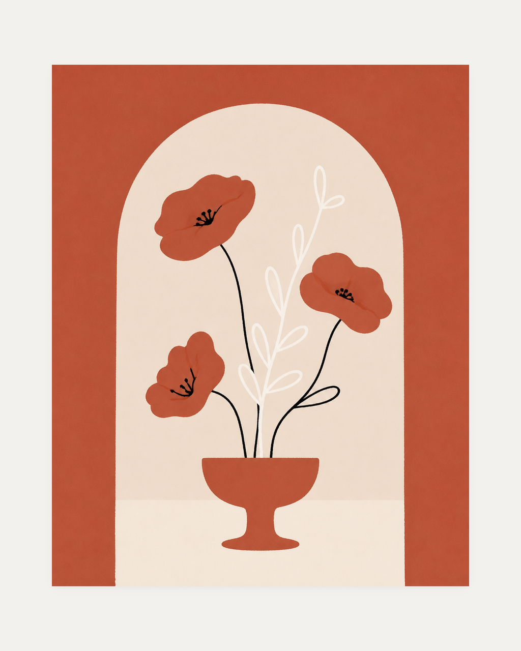 Terracotta Arch Poppies, orange poppy artwork, three terracotta poppies in a footed bowl, cream arch, white stem