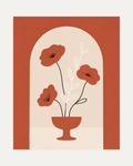 Terracotta Arch Poppies, orange poppy artwork, three terracotta poppies in a footed bowl, cream arch, white stem