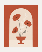 Terracotta Arch Poppies, orange poppy artwork, three terracotta poppies in a footed bowl, cream arch, white stem