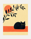 One Loaf Coral Band unframed loaf cat print showing black loaf cat, coral band, coral sun, berry branch