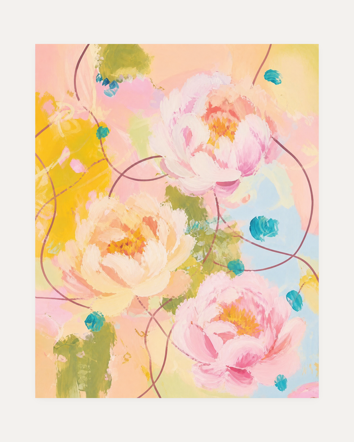 Peony Weather, pastel peony wall art, three peony heads, spare leaves, pink yellow and blue washes