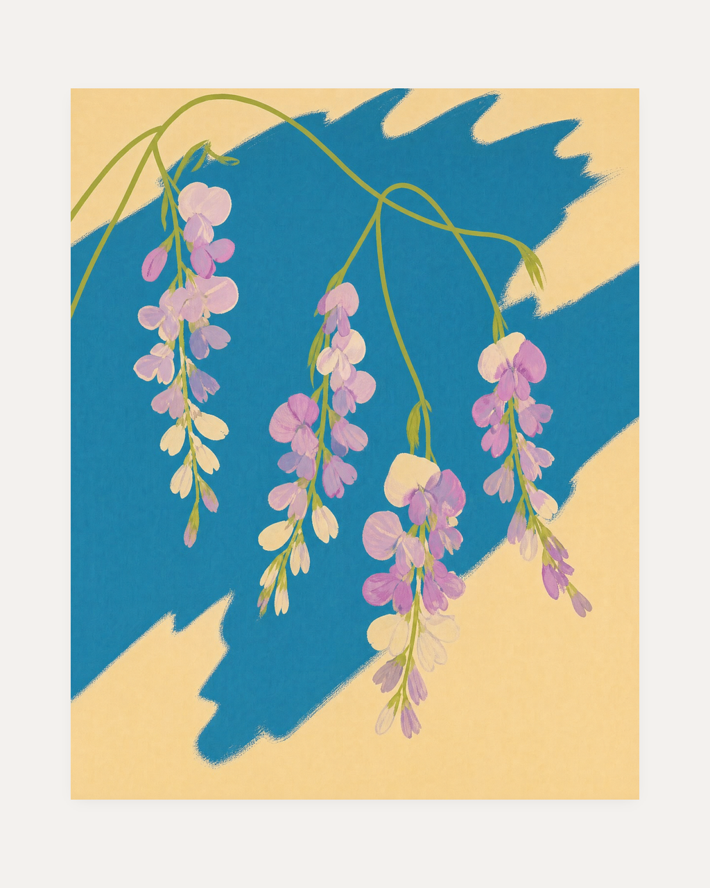 Sweet Peas Across Teal Slab unframed sweet pea flower wall art print showing hanging mauve sweet pea flowers over a teal brush shape on cream