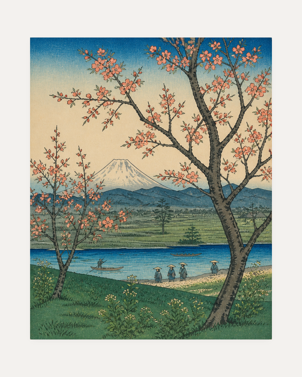 Pale Peak unframed cherry blossom wall art print showing pink blossom branches around a pale peak and blue water