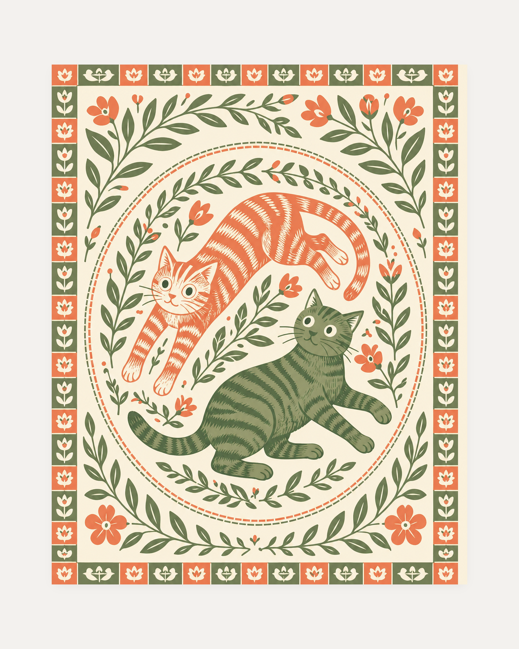 Morning Cats unframed folk art prints print showing two striped cats inside a floral folk wreath