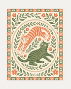 Morning Cats unframed folk art prints print showing two striped cats inside a floral folk wreath