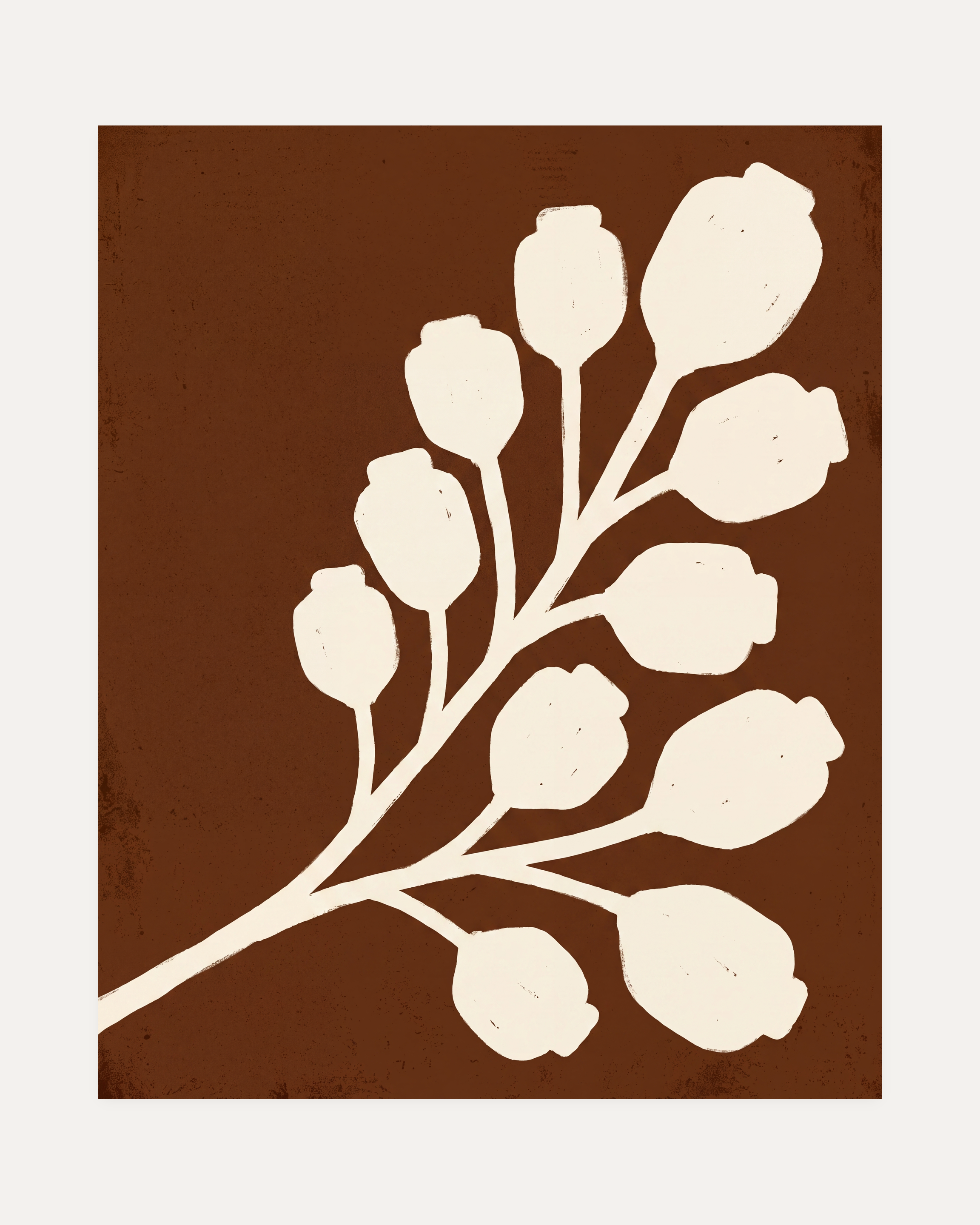 Cream Bloom Brown unframed brown floral wall art print showing branch and seed pods in brown and off-white