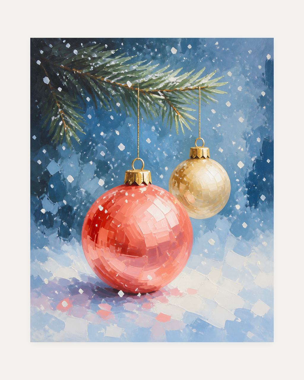 Snowfall Bauble unframed coral bauble print showing a coral bauble and a gold bauble