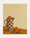 Checkered Persimmon Pitcher unframed persimmon print showing checkered pitcher, persimmons, ochre table