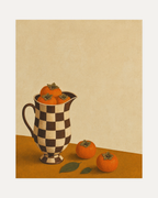 Checkered Persimmon Pitcher unframed persimmon print showing checkered pitcher, persimmons, ochre table